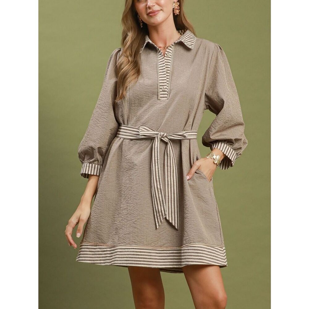 Umgee USA Umgee Textured Contrast Trim Tie Waist Deep Tan Puff Sleeve Mini Dress